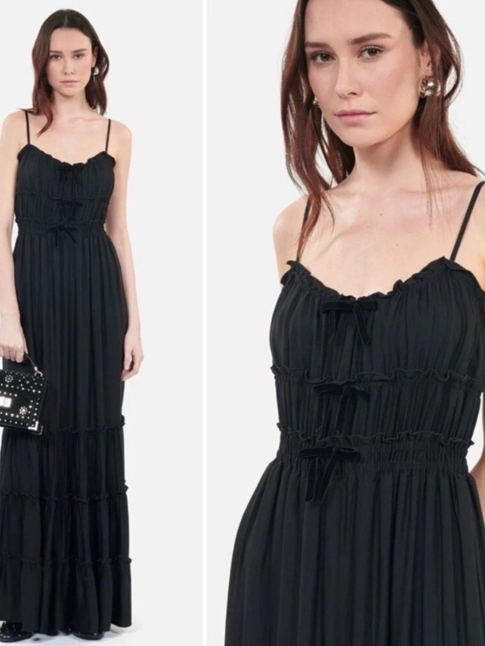 The Kooples Shirred Velvet Bow Long Maxi Dress NWT Size FR 0, US XS